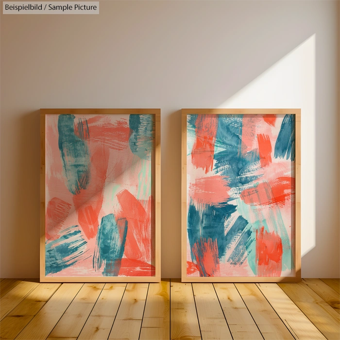 Two abstract paintings with blue, pink, and coral brushstrokes in wooden frames, displayed on a wooden floor.