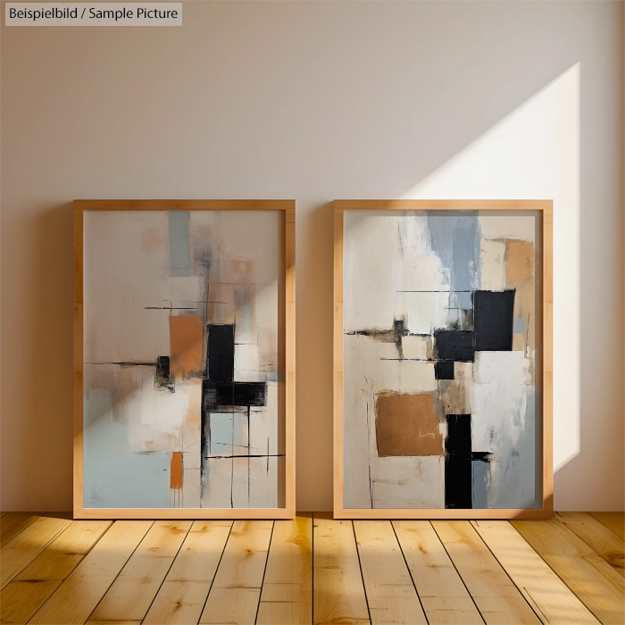 Two abstract paintings with geometric shapes in neutral tones, framed on wooden floor with sunlight casting shadows.