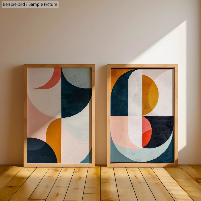 Two abstract geometric paintings in wooden frames on wooden floor, featuring curved shapes in various colors.