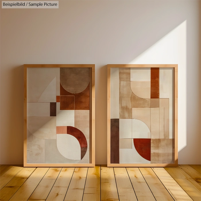 Two framed abstract geometric art pieces on a wooden floor with sunlight casting shadows in a minimalistic setting.