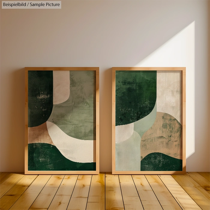 Two abstract paintings with geometric shapes in green, beige, and white tones, framed and displayed on a wooden floor.