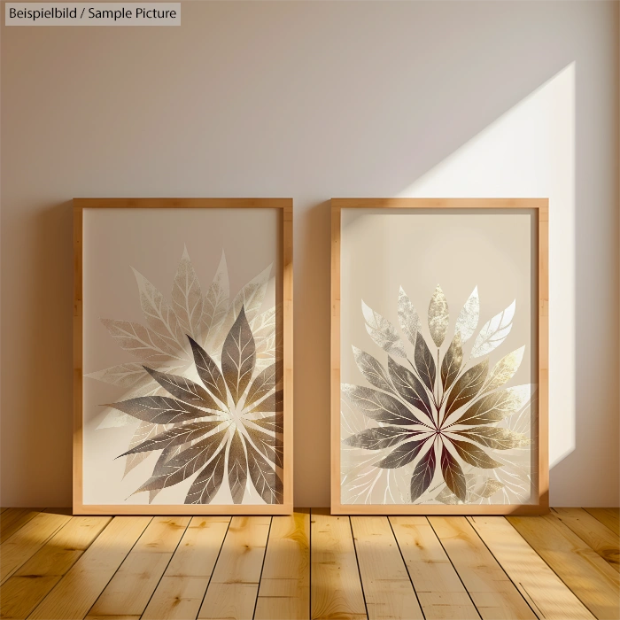 Two framed botanical prints with leaf patterns on a sunlit wooden floor indoors.