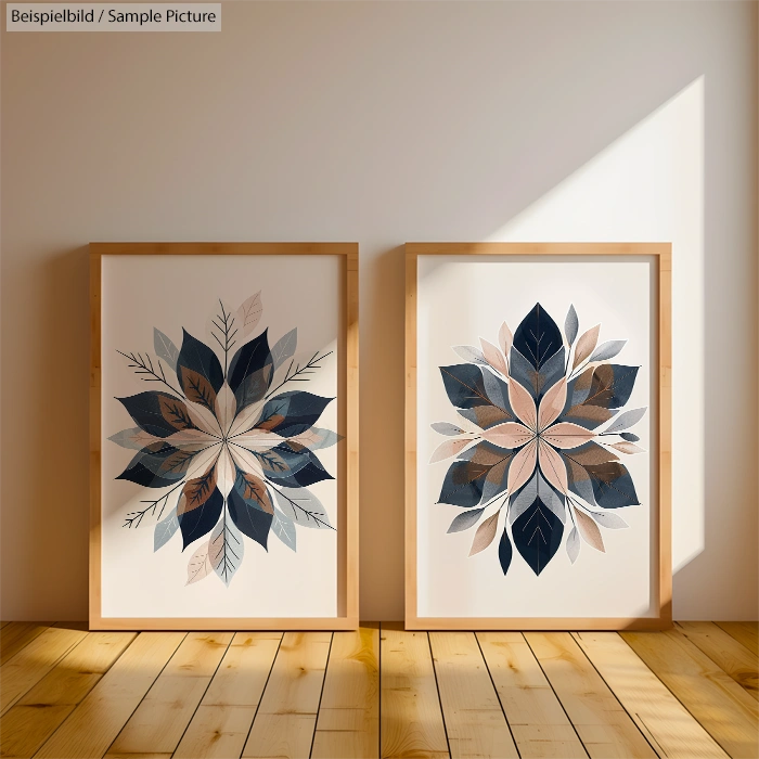 Two framed floral artworks with blue and brown leaves leaning against a wall on a wooden floor.