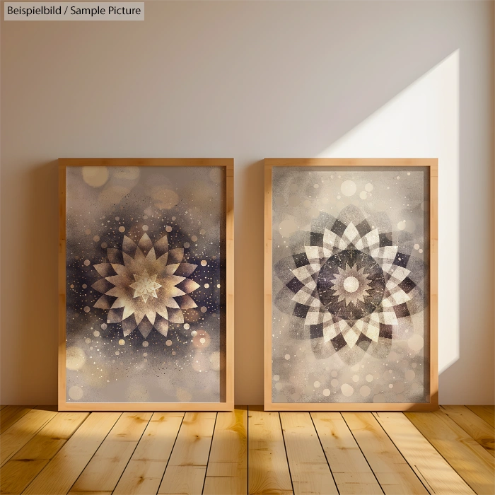 Two framed abstract geometric mandalas with earthy tones and cosmic patterns on a wooden floor with soft lighting.