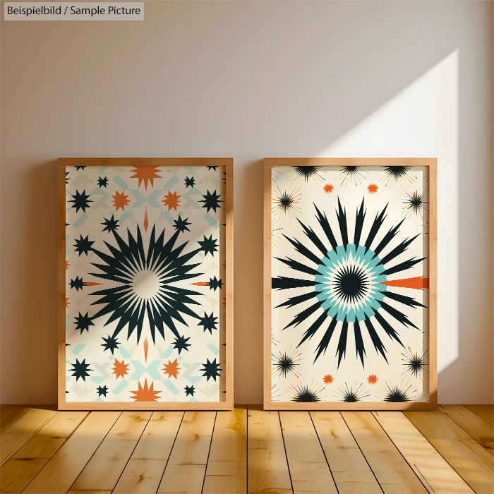 Framed geometric art prints with starburst patterns on wooden floor, against a sunlit wall.