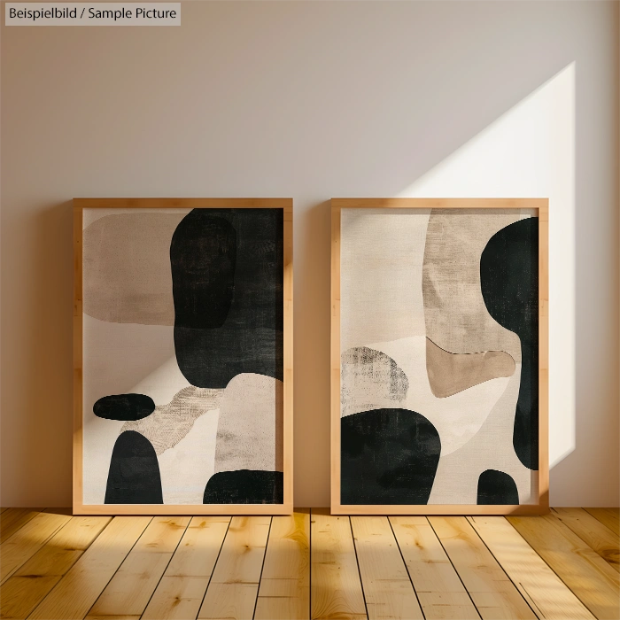 Two abstract art pieces with black and beige organic shapes in wooden frames on a wooden floor against a beige wall.