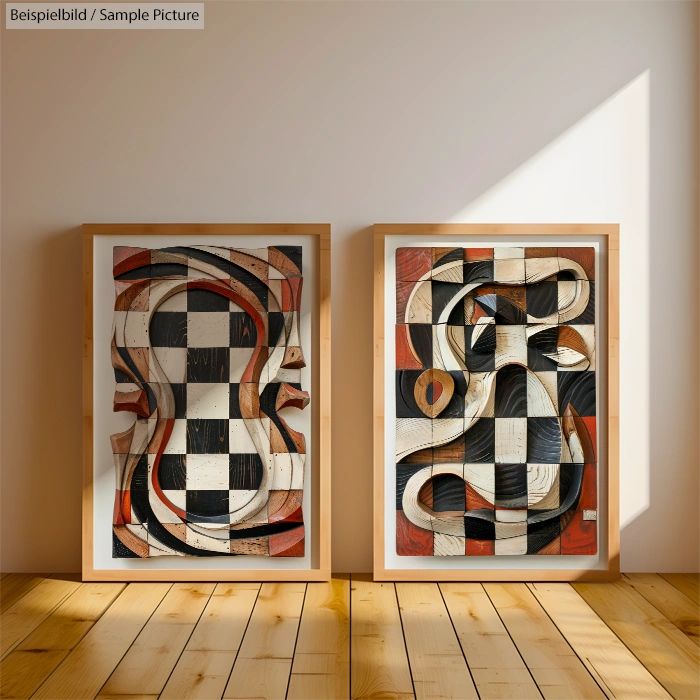 Two framed abstract art pieces with checkerboard patterns and swirled shapes on a wooden floor with sunlight.