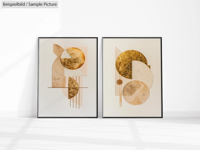 Two framed abstract artworks with geometric shapes in shades of gold and beige, displayed against a white background.