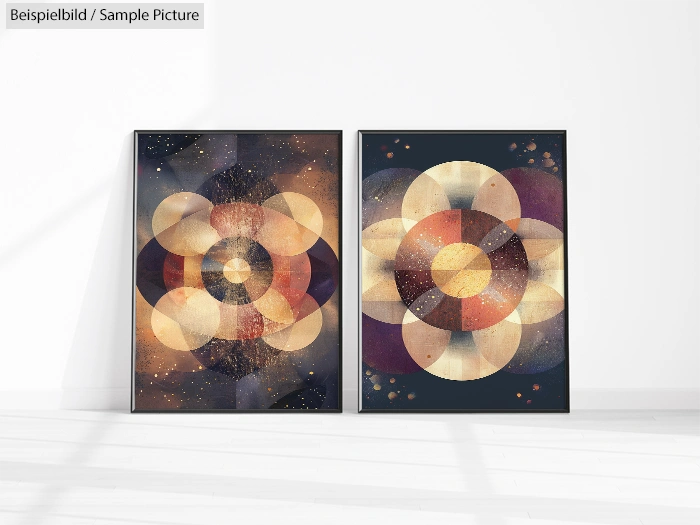 Two geometric abstract paintings with overlapping circles in warm tones, displayed on a white gallery wall.