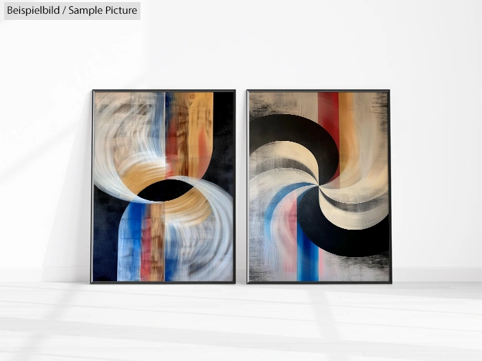 Two framed abstract paintings with swirling colors on a white wall.