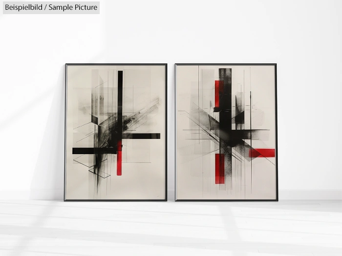 Two abstract geometric art pieces with black and red lines in black frames on a white wall.