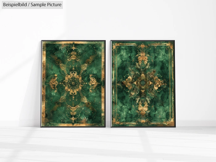 Two framed abstract paintings with green and gold mandala-like patterns on a white wall.