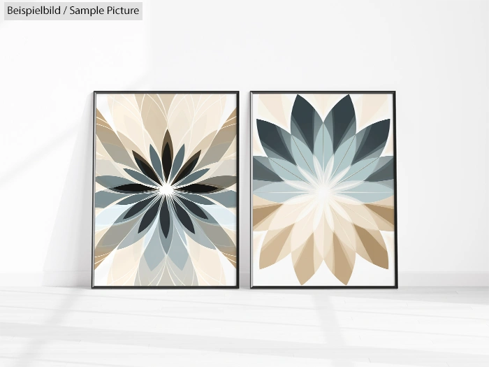 Two framed artworks with geometric floral patterns in neutral and blue hues on a white gallery wall.