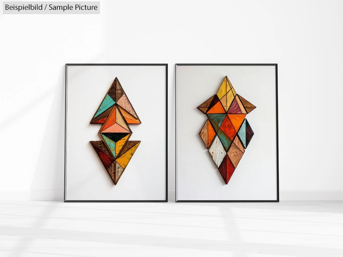 Framed abstract wooden geometric art with triangular shapes in various colors on white background.