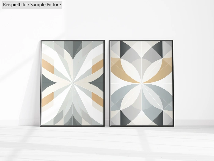 Two geometric abstract paintings with symmetrical patterns in neutral tones, framed and leaning against a white wall.