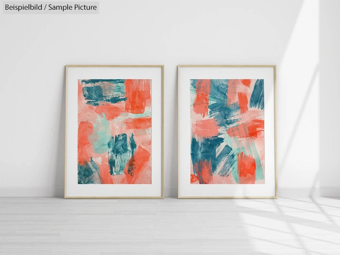 Two framed abstract paintings with green, teal, and orange brushstrokes, displayed on a white wall with gray floor.