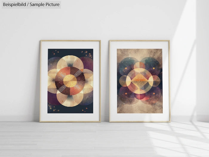 Two framed abstract geometric art prints with circles and stars on a white wall.