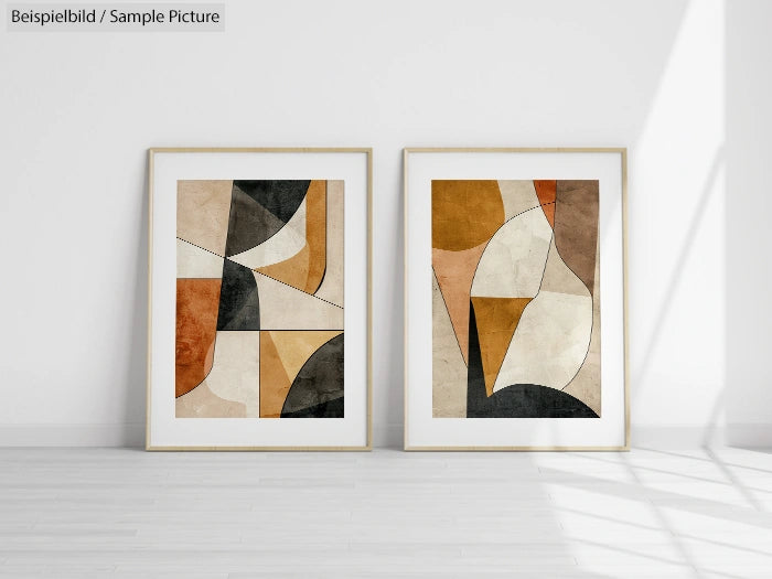 Two framed abstract paintings with earthy tones, featuring geometric shapes and muted colors, displayed on a white wall.