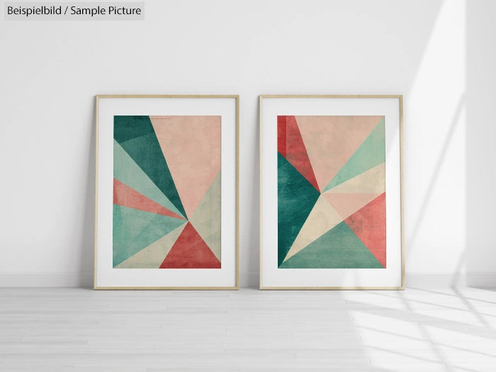 Two modern abstract geometric paintings in frames, featuring green, teal, and red triangles, leaning against a white wall.