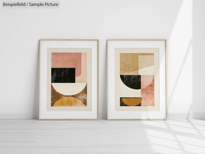 Two modern abstract art prints in gold frames on a white wall, featuring geometric shapes in muted tones.