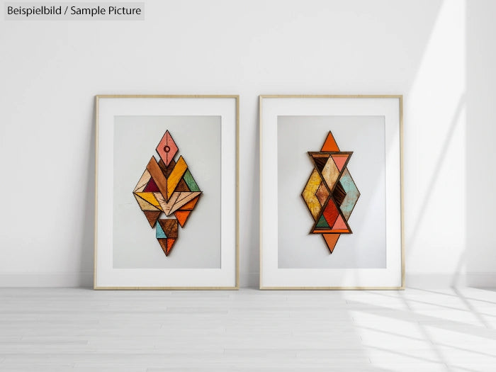 Two framed geometric artworks with abstract designs, featuring warm colors, placed against a white wall on a light floor.