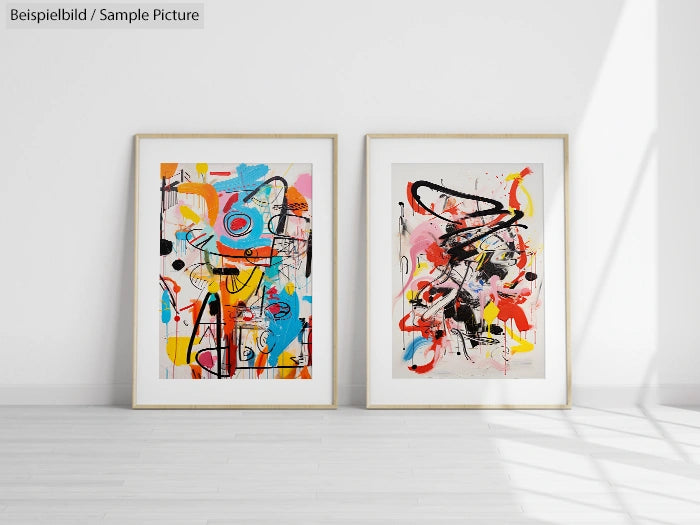 Two framed abstract paintings with colorful swirling patterns set against a white wall on a light wooden floor.