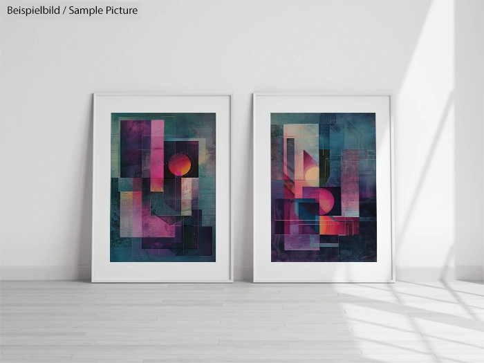 Two framed abstract paintings with geometric shapes and vibrant colors leaning against a white wall on a light wood floor.