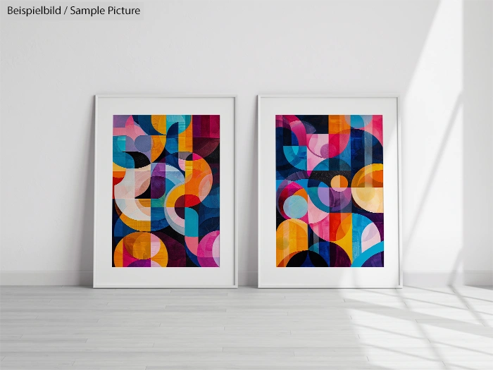 Two framed abstract geometric artworks with colorful overlapping circles and squares on a white wall background.