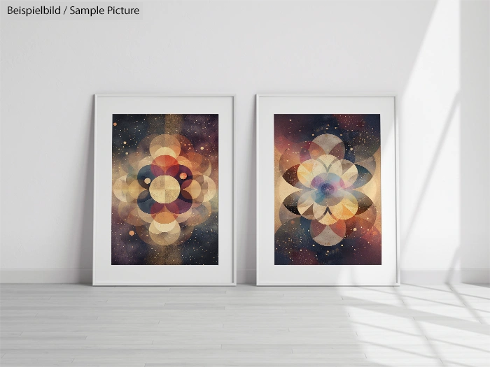 Framed abstract geometric art prints on white wall in minimalist room.