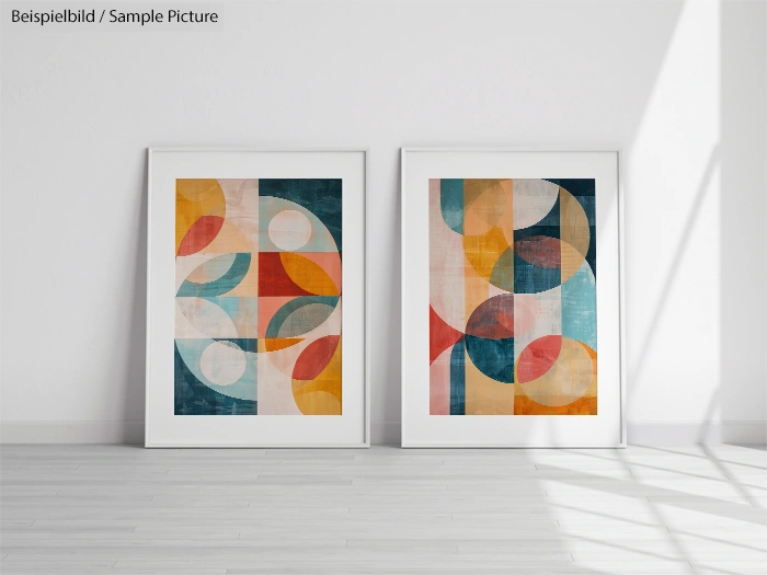 Two framed abstract geometric artworks with colorful circles and semi-circles displayed in a bright room.