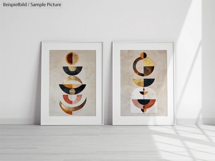 Two framed abstract art pieces on the floor, featuring circular and geometric patterns with earth tones.