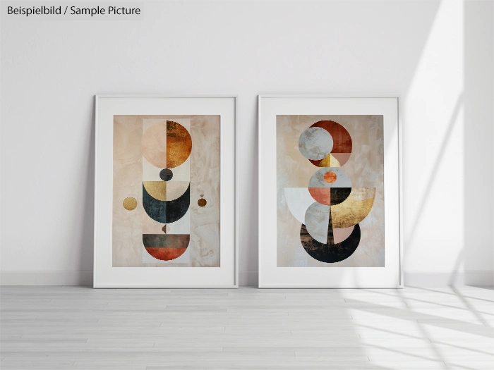 Two framed geometric abstract art pieces with circular and half-circle patterns in warm tones, displayed on a floor.