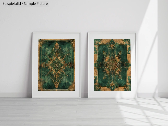 Two framed abstract paintings with green and gold patterns leaning against a white wall on a wooden floor.