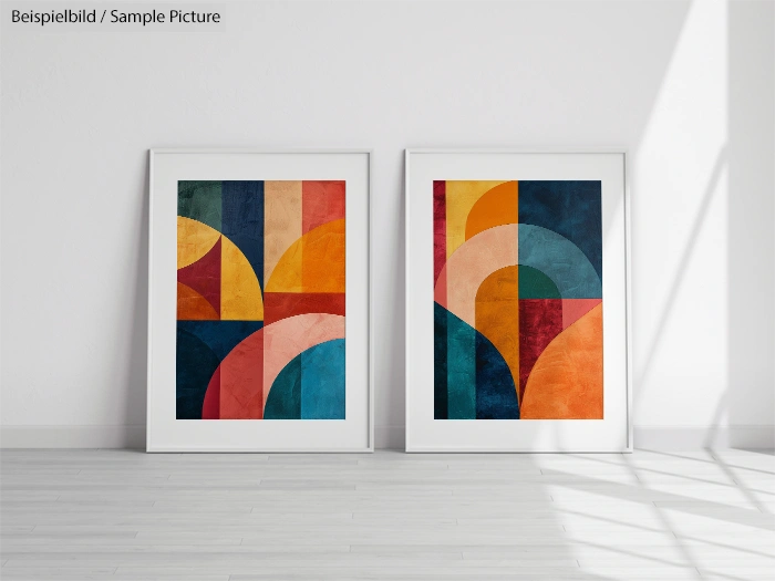 Two framed abstract artworks with geometric shapes in shades of red, blue, orange, and green on a white wall.