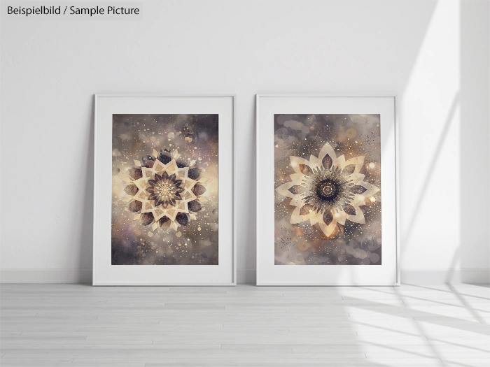 Two framed abstract mandala artworks on a white wall with soft shadows.