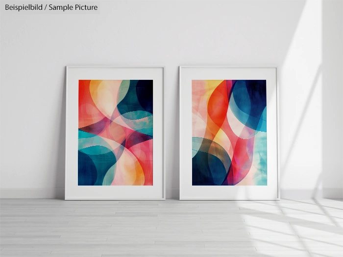 Two framed abstract artworks with colorful geometric patterns leaning against a white wall in a bright room.