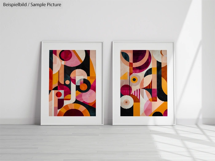 Two framed abstract artworks with geometric shapes in vibrant colors, set against a white wall on a light wood floor.