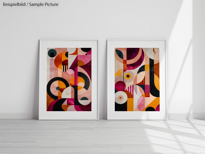 Two framed abstract geometric art prints with vibrant circles and shapes in a brightly lit modern room.