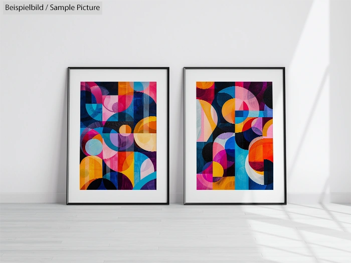 Two framed abstract artworks with colorful geometric patterns leaning against a white wall on wooden flooring.