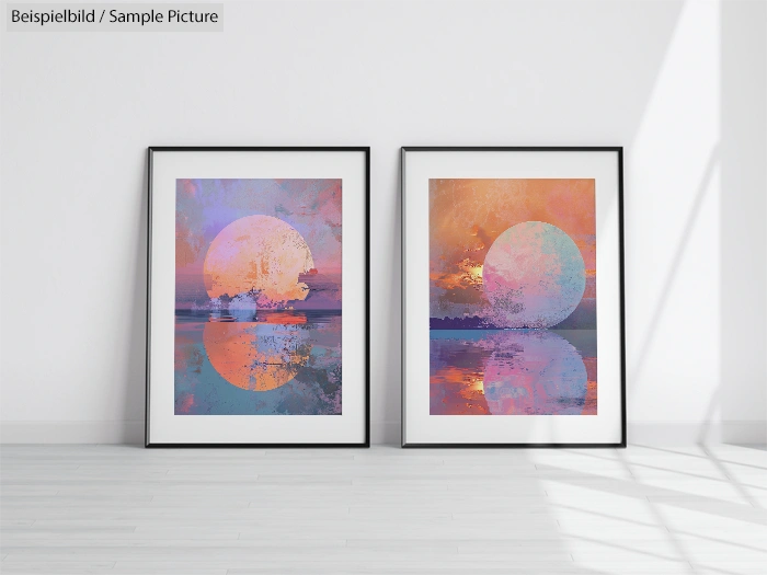 Two large framed abstract artworks with pink and purple sunset hues, placed on a white floor against a white wall.