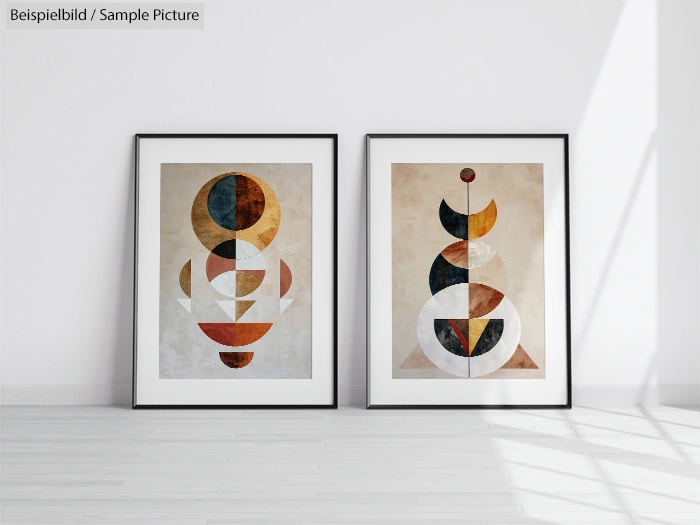 Two abstract geometric paintings in black frames, featuring circles and triangles, displayed on a light wood floor.