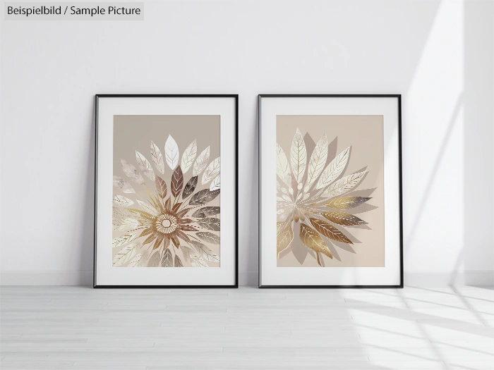 Two framed botanical art prints with leaf designs in neutral tones, displayed against a white wall.