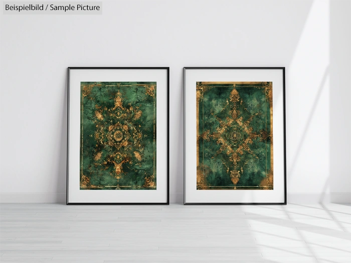 Two framed abstract artworks with green and gold geometric patterns on a white wall in a minimalist setting.