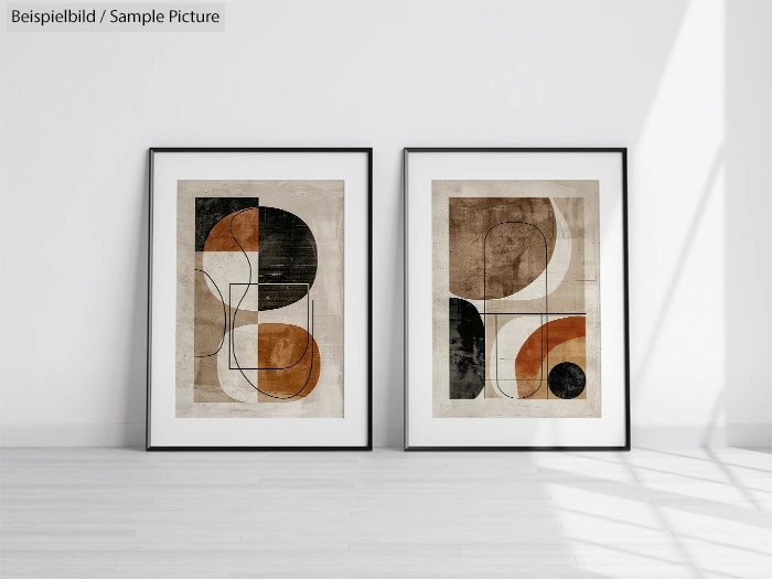 Minimalist art prints with geometric shapes in black, brown, and white, framed and leaning against a white wall.