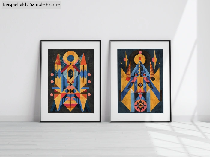 Two framed geometric abstract paintings with vibrant colors, featuring triangles and circles, on a white wall.