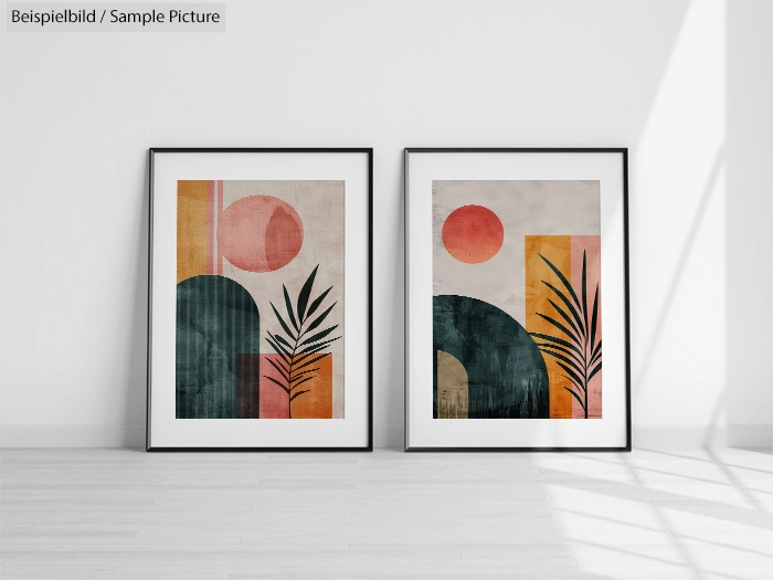 Minimalist abstract art with geometric shapes and palm leaves in frames against a white wall.