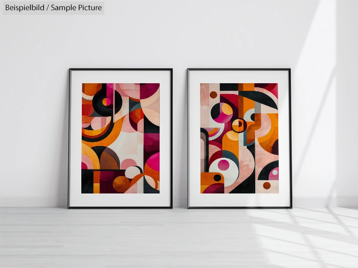 Two colorful abstract geometric artworks in black frames on a white wall, featuring circles and arcs in warm tones.