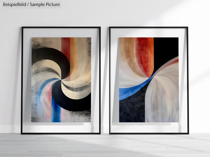 Two abstract paintings with swirling designs in red, blue, and black frames against a white wall.