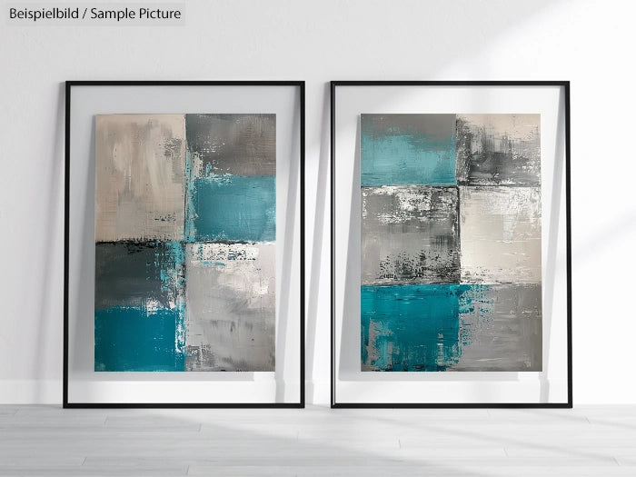 Two framed abstract paintings with teal, gray, and beige color blocks on a white wall.