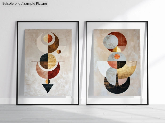 Two framed abstract geometric artworks with circles and triangles in earthy tones, displayed on a light-colored floor.